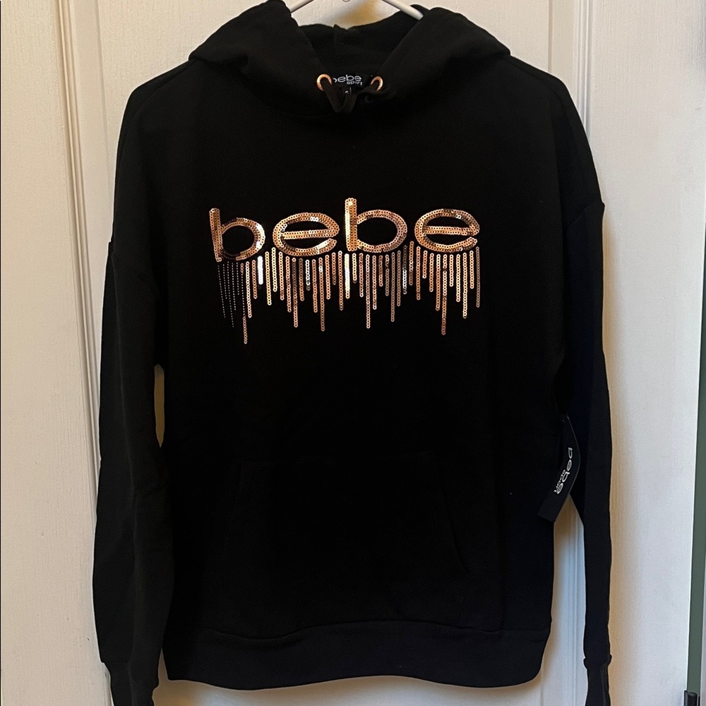 Bebe Black Hoodie with Rose Gold Sequin Design